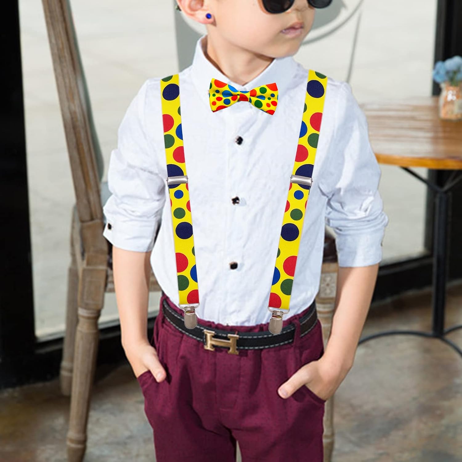 Child Kids Clip-on Dot Suspenders Elastic Y-Shape Adjustable with Clips and Bow Tie Set for Boys and Girls