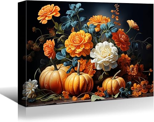 YONICA Lienzo decorativo para pared de Halloween para sala de estar, decoración del hogar, calabazas y flores de otoño de Halloween, arte de giclée