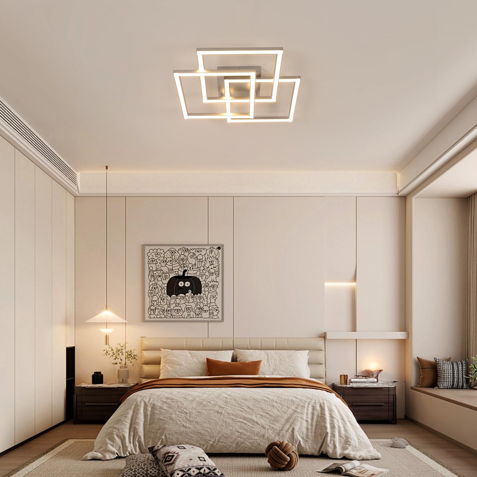 Lampadario LED Soffitto Dimmerabile, Plafoniera LED Soffitto con Telecomando 40W 5400LM, Moderno Lampada da ED Argenteo Quadrata 3000K-6500K per Soggiorno Camera da Letto Cucina, 62CM
