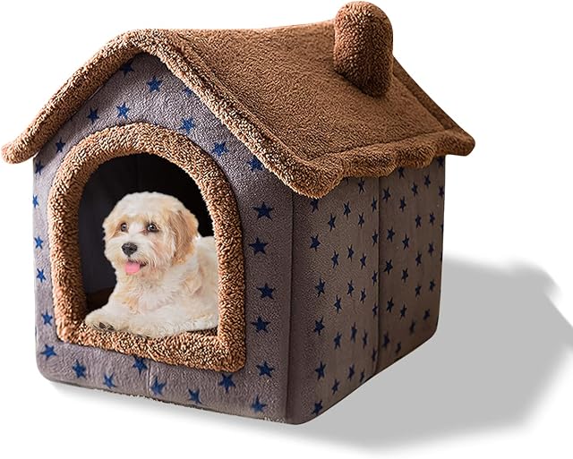 Galatée Cat Cave Bed, Washable Dog Bed, Warm And Cosy Plush Cat Igloo, Foldable Comfortable Pet Cat House, Pet Bed With Nonskid Bottom(M, Brown Stars)