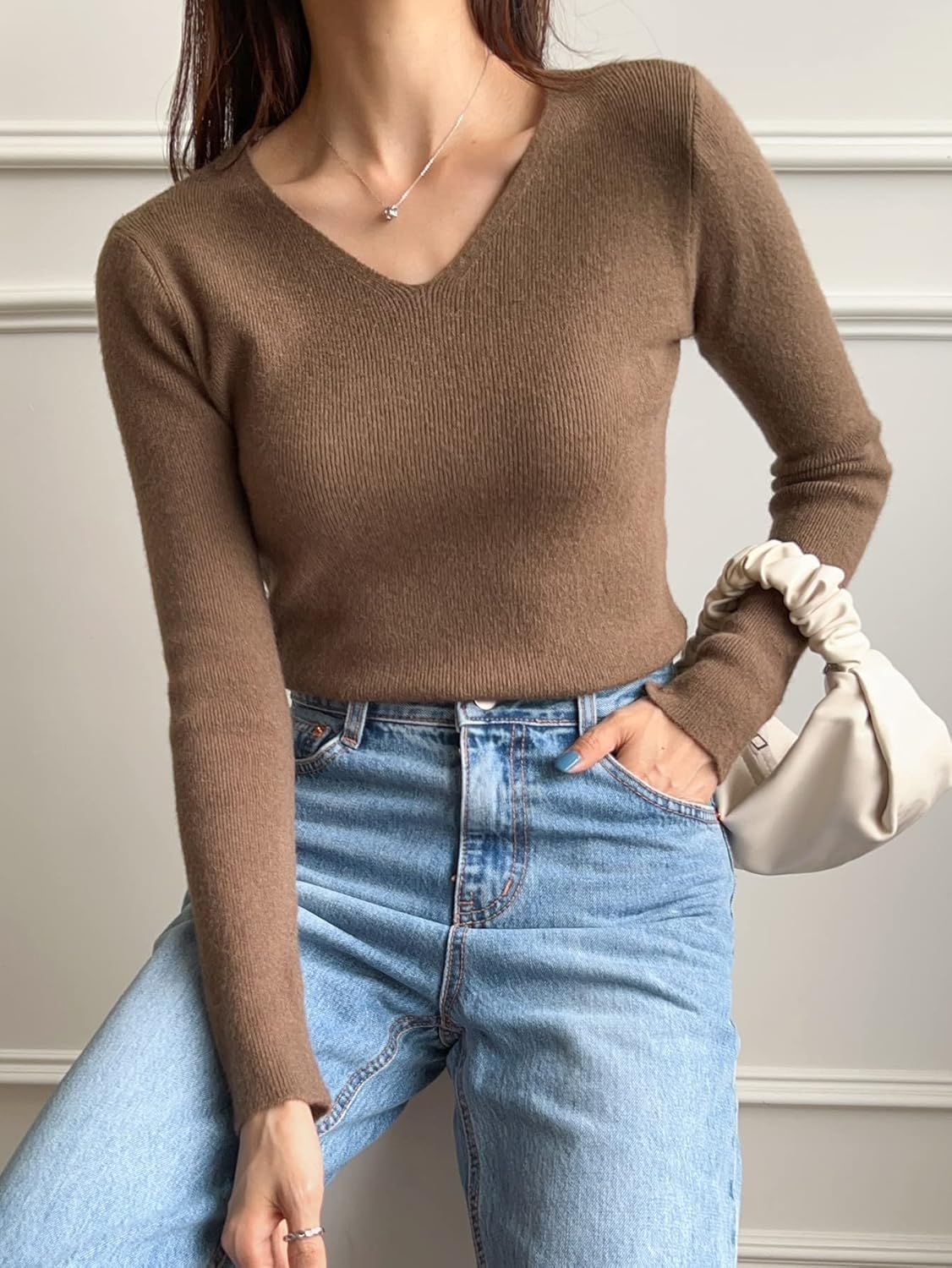 Women's Sweater Solid -Neck Ribbed Knit Sweater Sweater for Women (Color : Coffee Brown, Size : Medium)