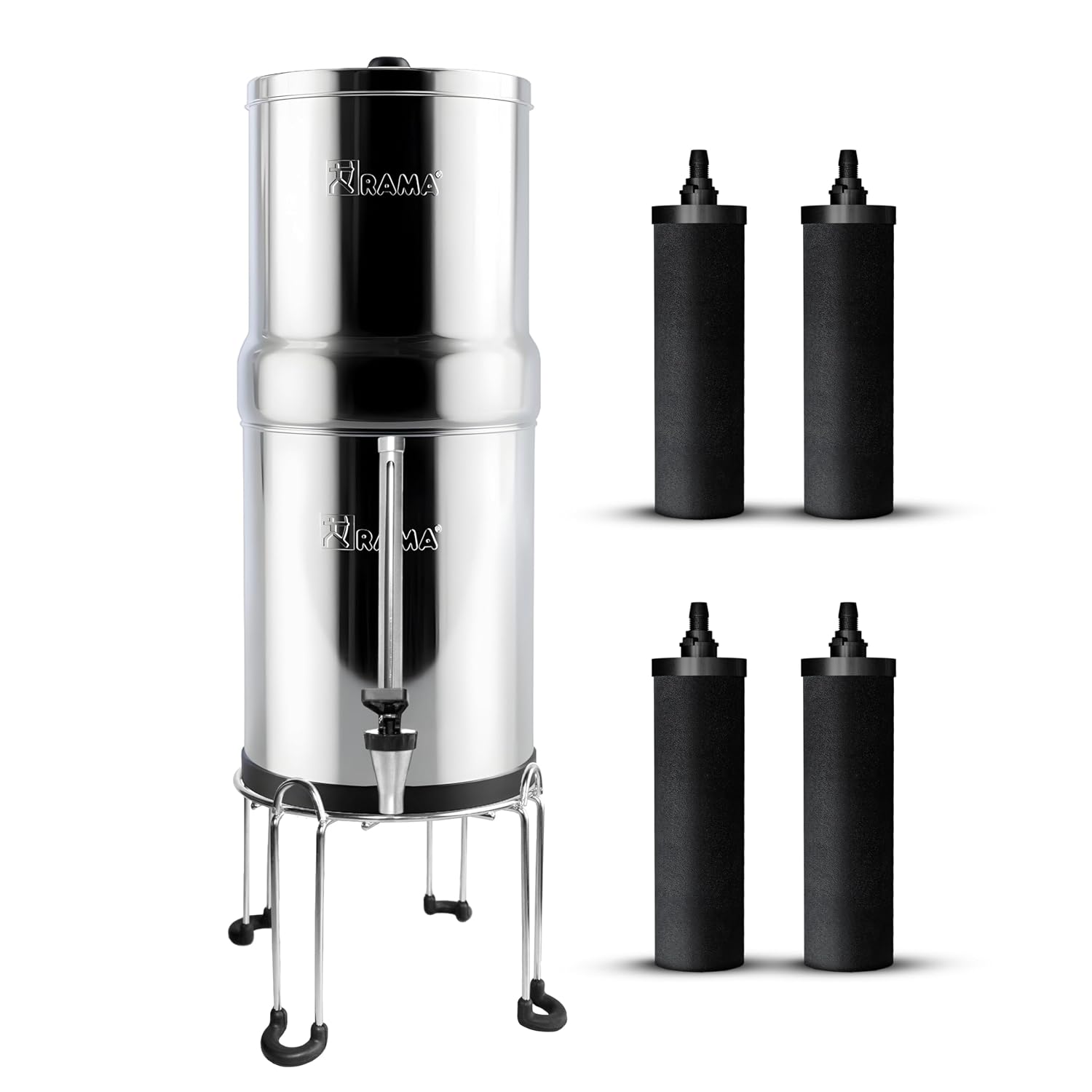 RAMA Gravity Water Filter | 17L Total Capacity (8L Storage) | 304 Stainless Steel Non-Electric Purifier for Home | Includes 4 Carbon Candles, Vision Tap & SS Stand | 10-Year Warranty