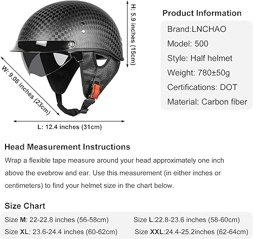 Miniatura 6 de Medio casco de motocicleta de fibra de carbono para adultos, hombres y mujeres, cascos retro de cara abierta aprobados por DOT con visera, diseño