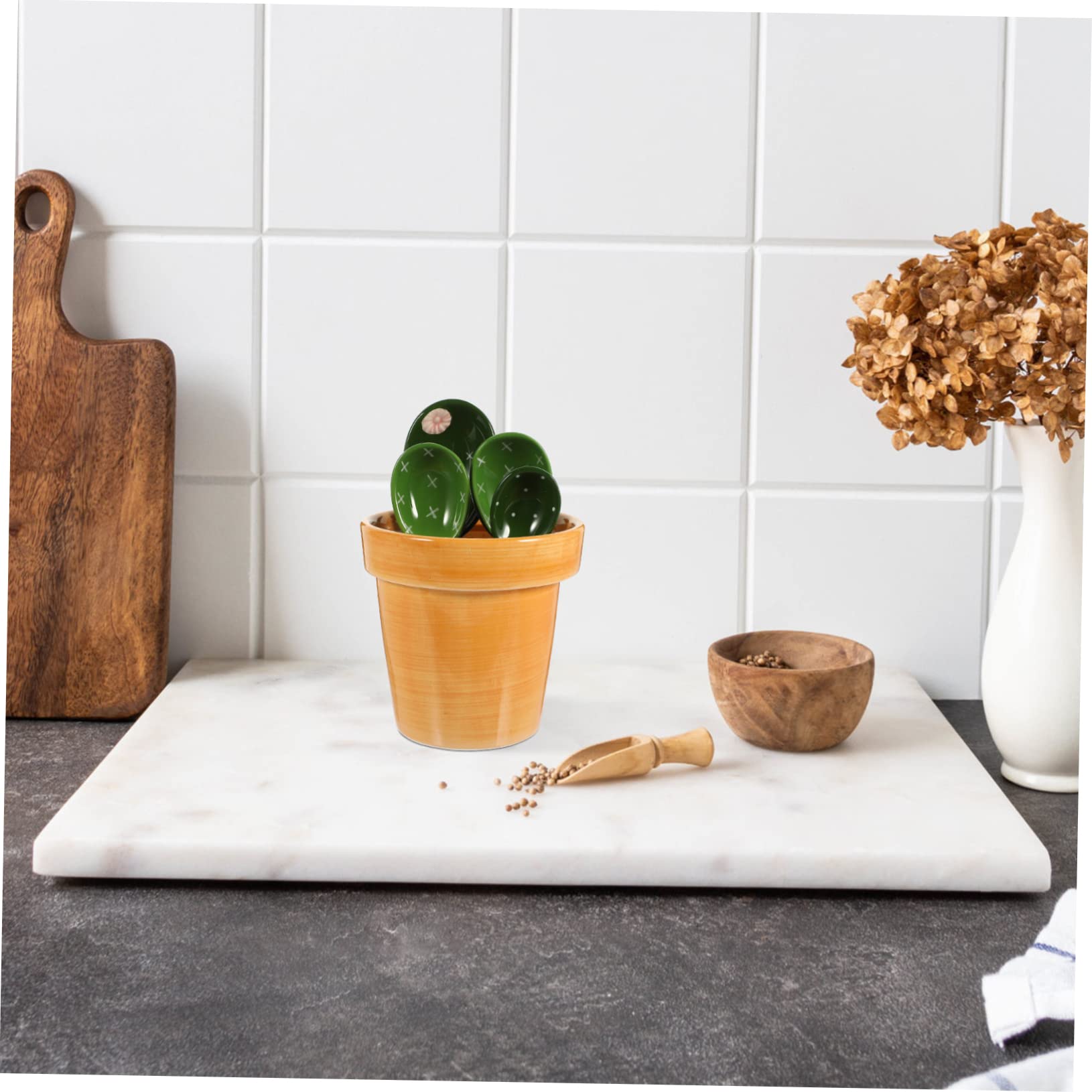 PRETYZOOM Juego de Cucharas Medidoras Forma de Cactus y Maceta de Cerámica Capacidad 290ml, Soporte para Ingredientes Secos y Líquidos en Cocina