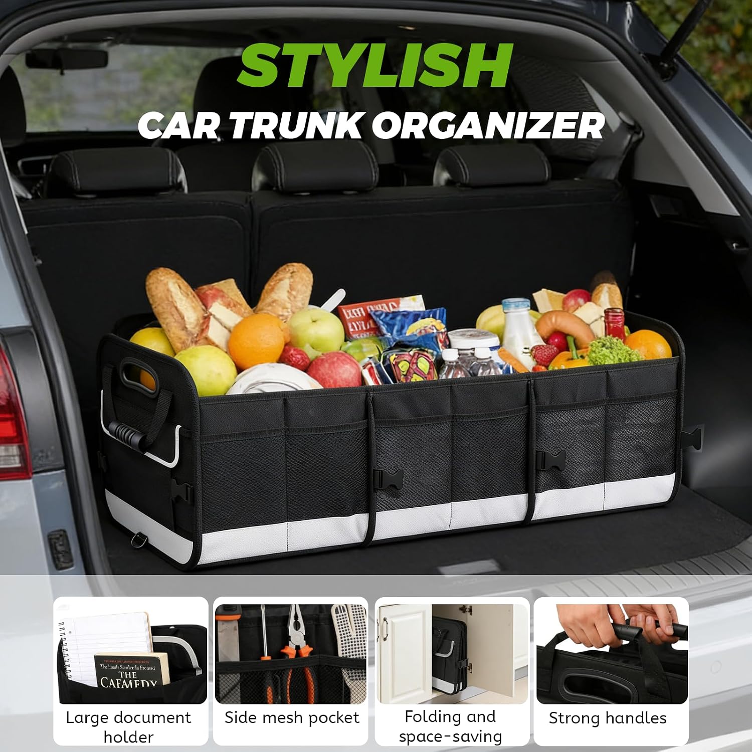 Car Trunk Organizer - with 5 Compartments Trunk Organizers and Storage, Reinforced Handle, Securing Straps, Trunk Organizer Available for Car, Truck, Minivan