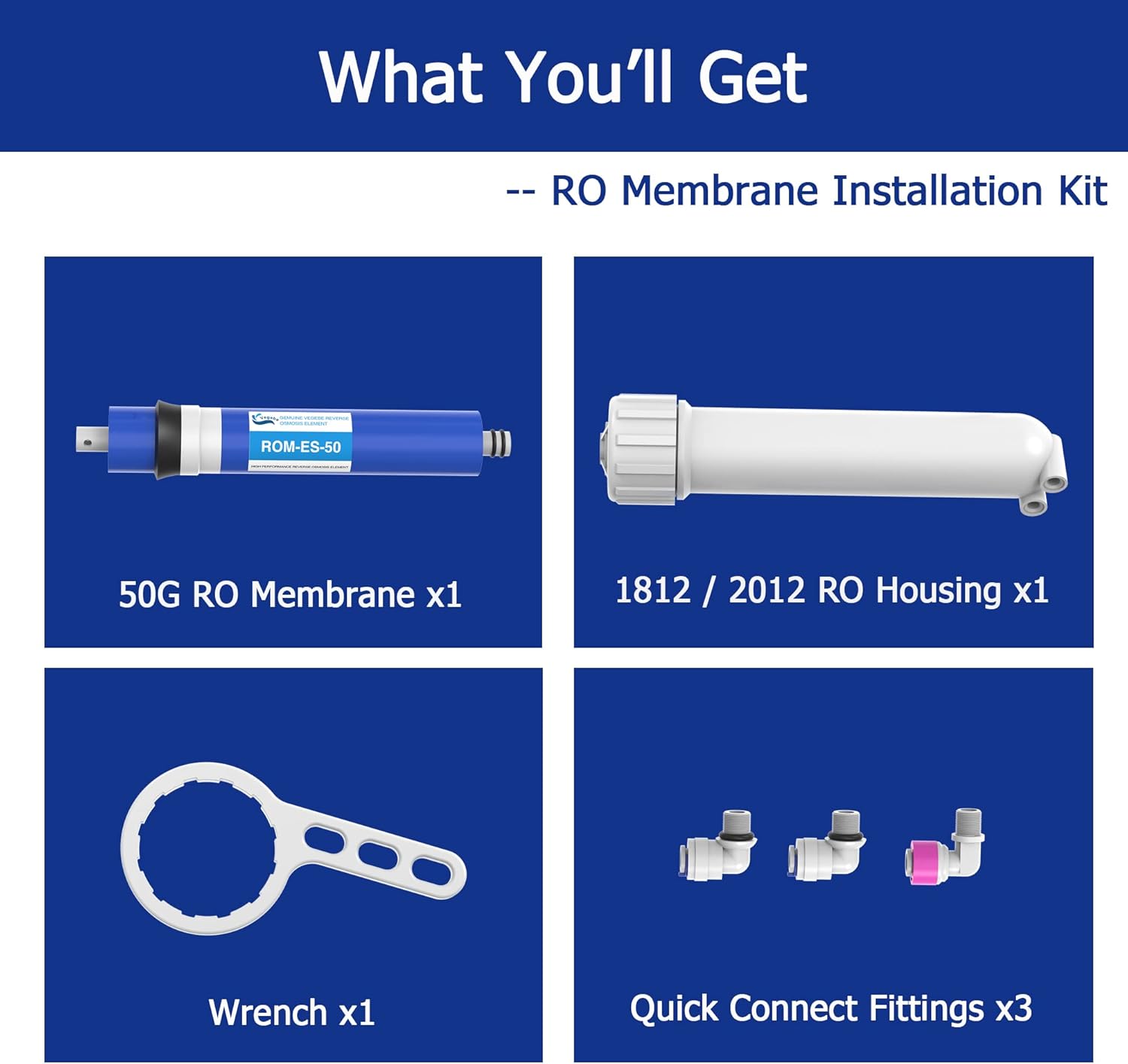 50 GPD RO Membrane filter Replacement with Reverse Osmosis Membrane Housing, Wrench, 1/4" Quick-Connect Fitting, Check Valve, Fit Under Sink RO Home Drinking Water Filter Filtration Purifier System