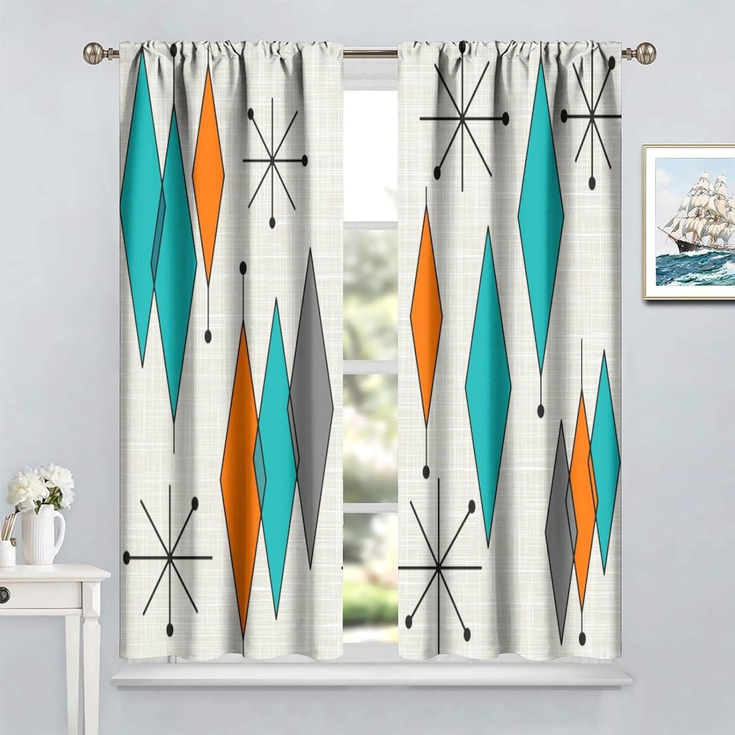 Mid Century Modern Curtains, Abstract Atomic Geometric Diamond Pattern Window Treatments for Bedroom Living Room,1950s 1960s Vintage Blackout Drapes 2 Panel Sets 52x84 Inch