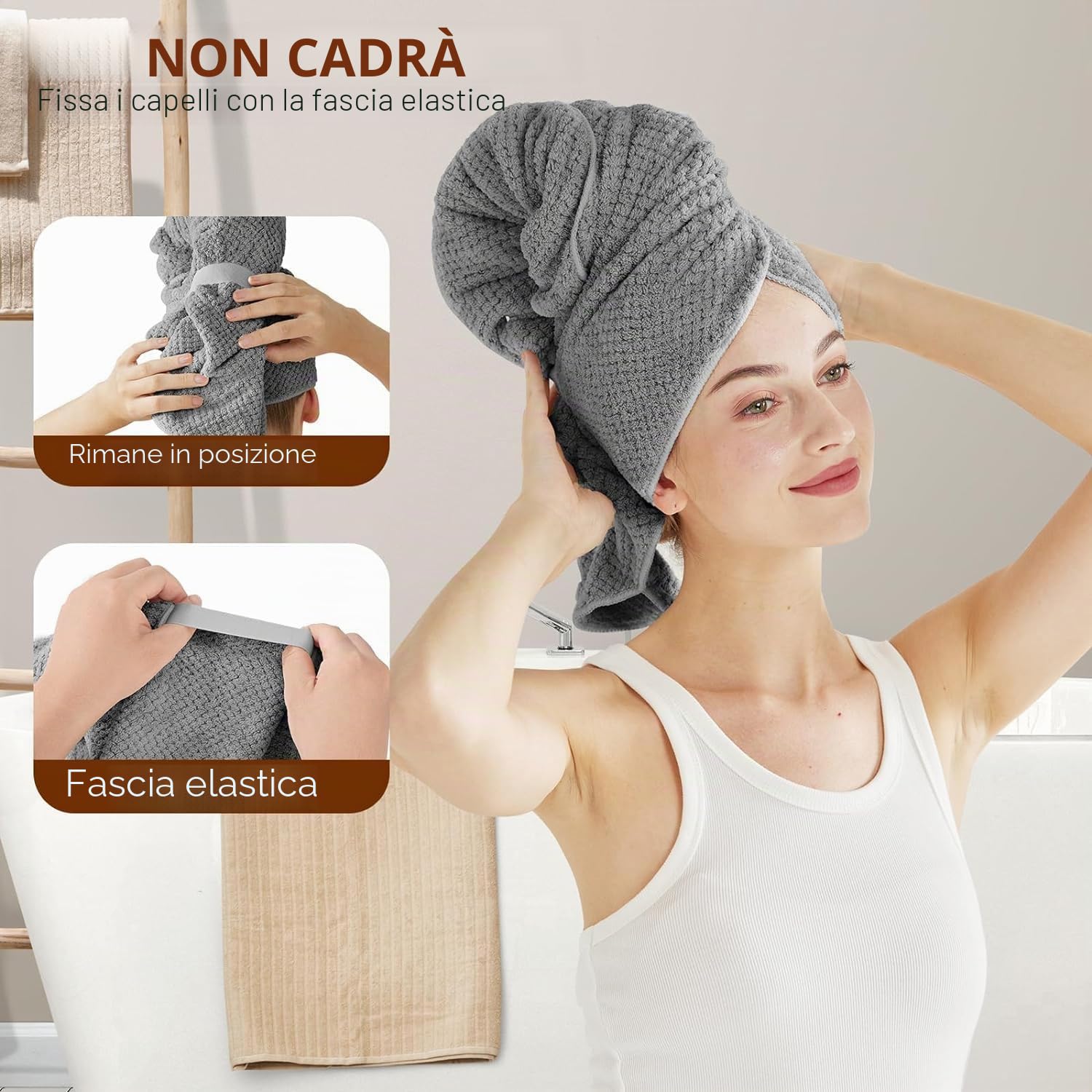 Confezione da 2 Turbante Asciugacapelli, 100 x 60 cm, Asciugamano Microfibra Capelli, rosa e grigio, ad asciugatura rapida, super assorbenti, per capelli lunghi, spessi e ricci