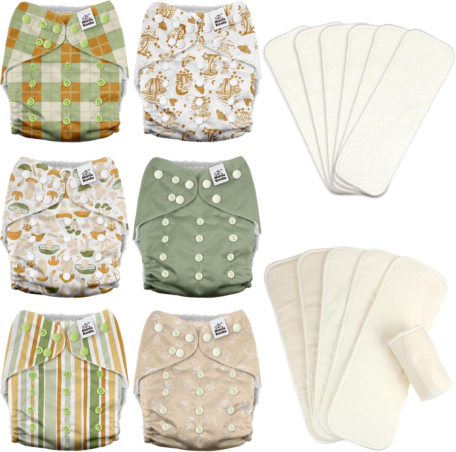 Mama Koala 3.0 Baby Cloth Diapers with 6 Inserts Bundle, with 6pcs 6-Layer Bboo Hemp Cotton Inserts