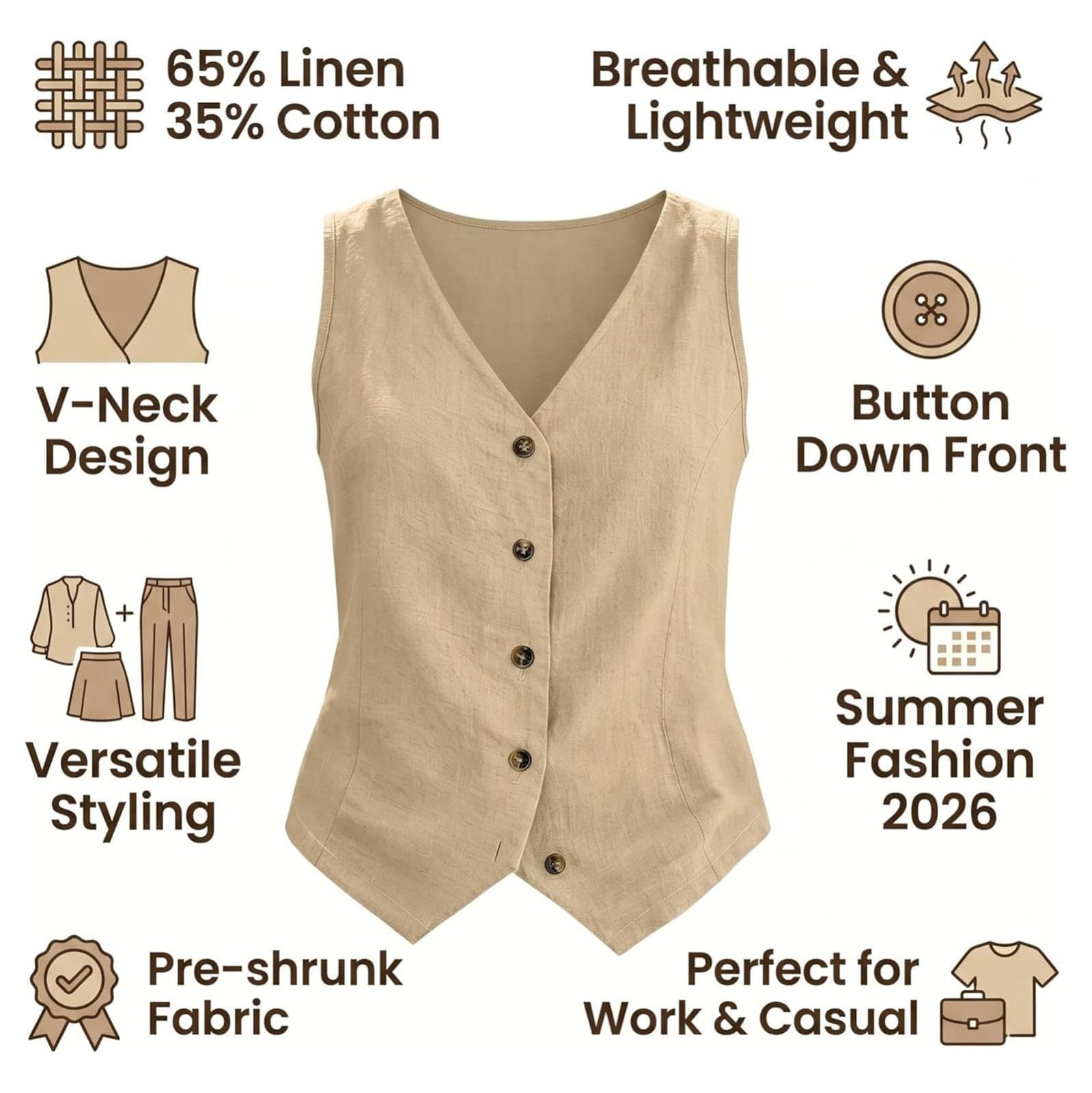 Leinenweste Damen Sommer Anzugweste Casual weste leinen damen Business Modisch Knopfleiste V-Ausschnitt Westen Leicht Sommerweste Baumwolle Leinen Tank Top Arbeit Anzug Weste ÄRmellos Cardigans