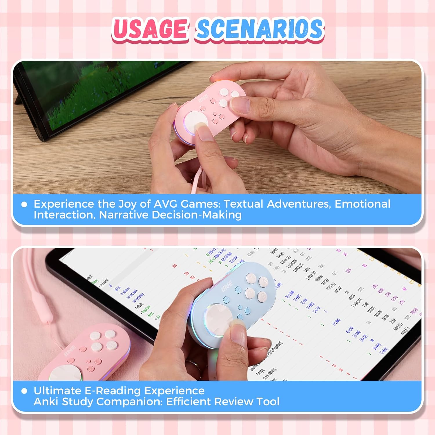 Two images showing the controller being used for AVG games and as an Anki study companion.