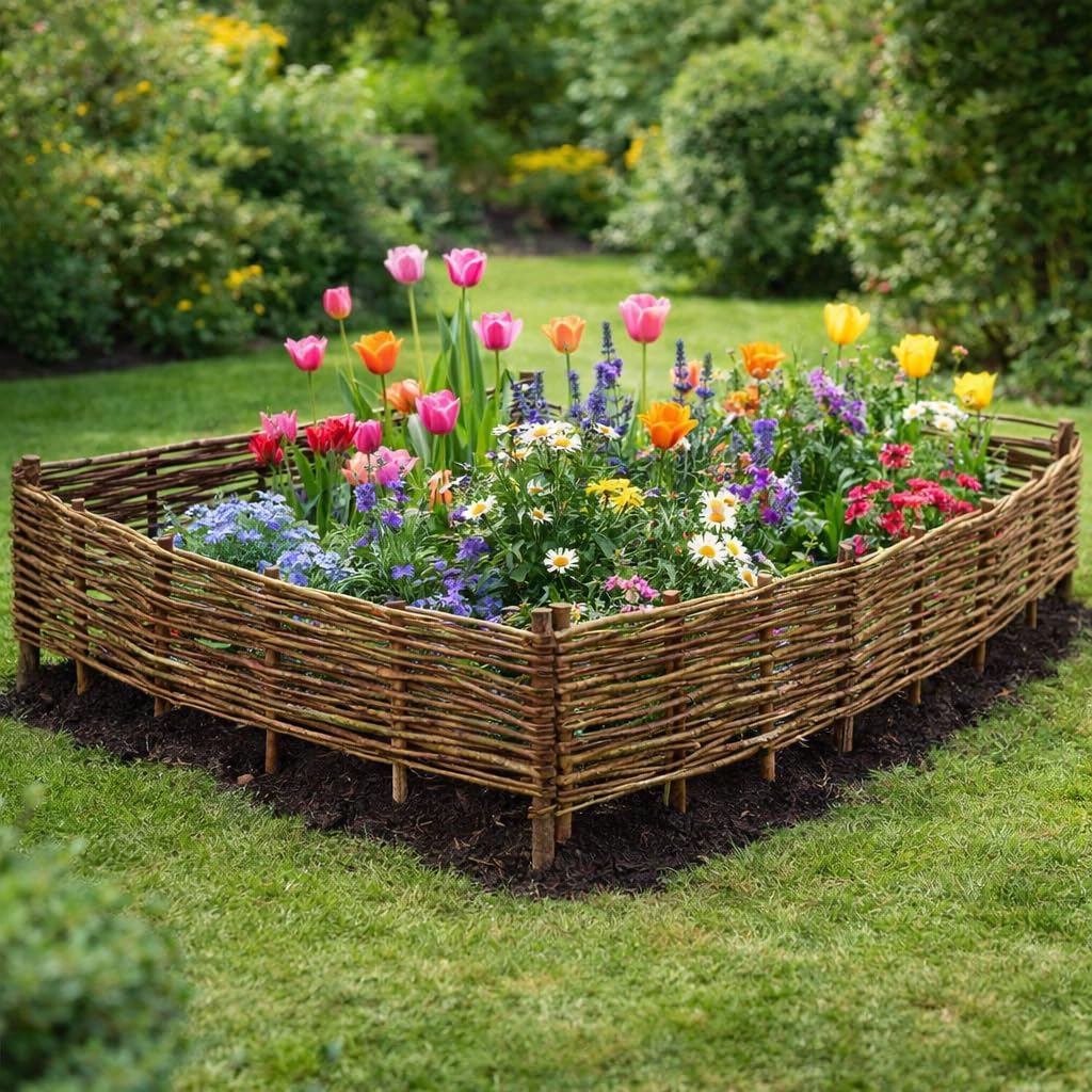 Weidenzaun 120cm x 20cm, 10 Stück Set, Beetbegrenzung aus Weide Weidengeflecht Garten Beeteinfassung für Blumen und Gemüse Rasenkanten (10, 120 x 20 cm)