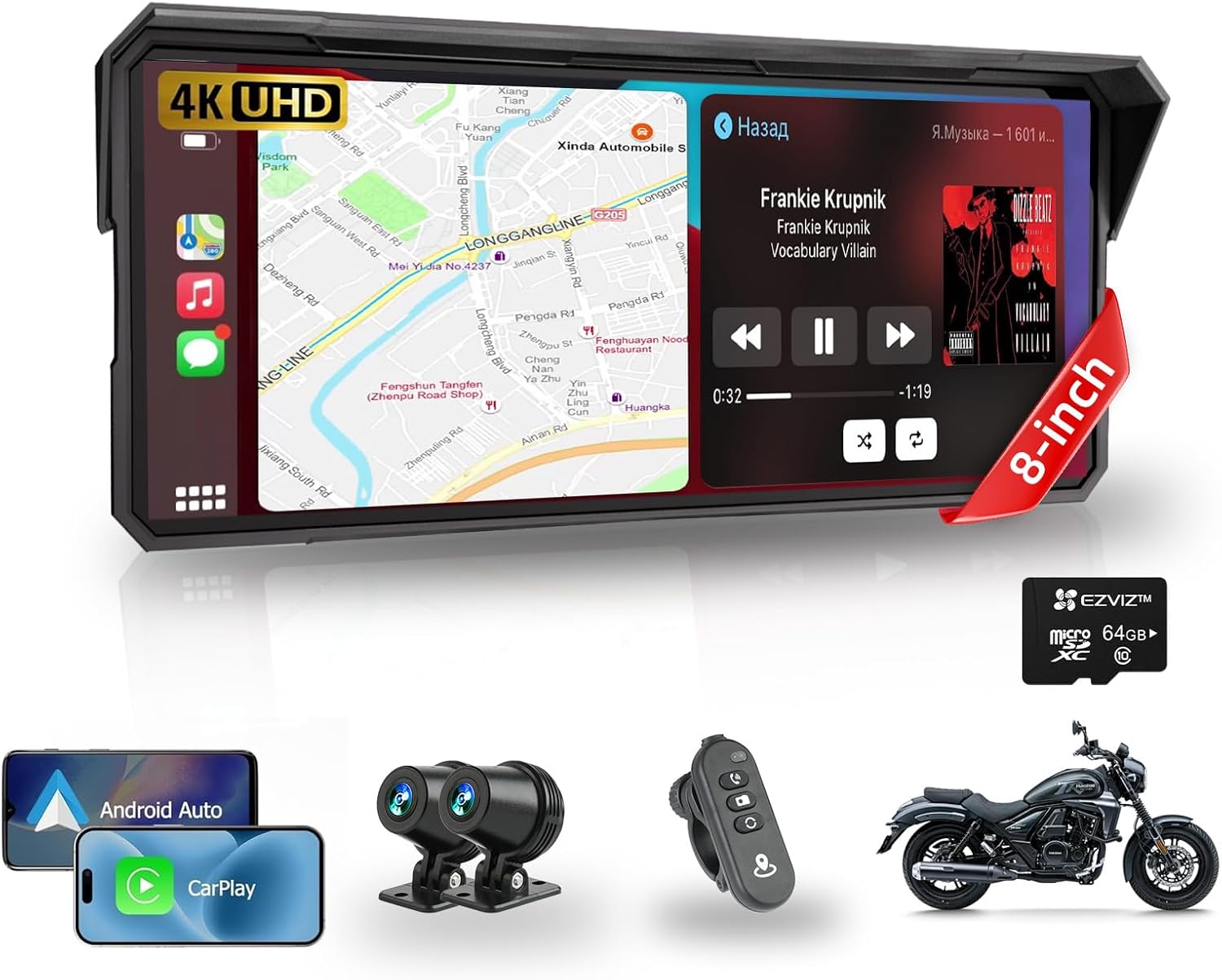 8.1" Largest Motorcycle Carplay Screen w 4K Dual Dash Cam, Waterproof Car Play and Android Auto Navigation Screen, Loop Recording, Dual Bluetooth, Voice Assistant, Wired Controller, TF-64G