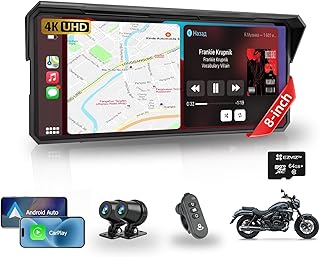 8.1" Largest Motorcycle Carplay Screen w 4K Dual Dash Cam, Waterproof Car Play and Android Auto Navigation Screen, Loop Re...
