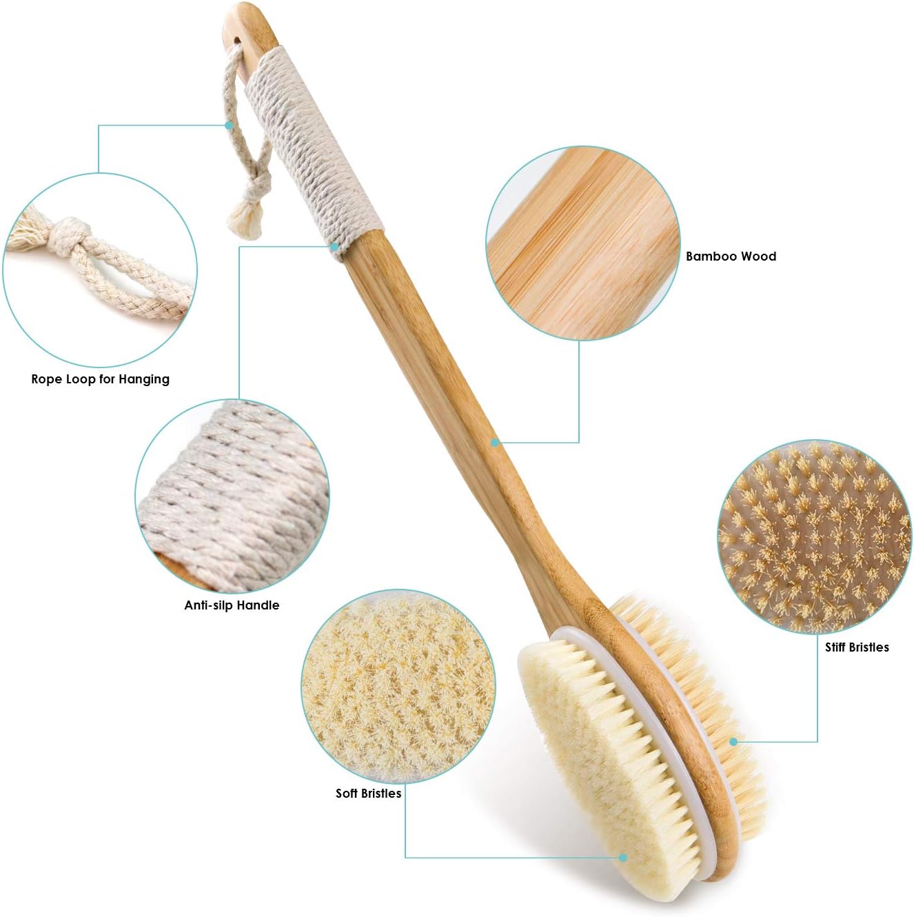 Shower Brush, VIS'V Long Bamboo Handle Dual Sided Shower Back Brush with Soft and Stiff Bristles Men & Women Non Slip Bath Body Exfoliating Scrubber Brush for Wet or Dry Brushing with Sticky Hook