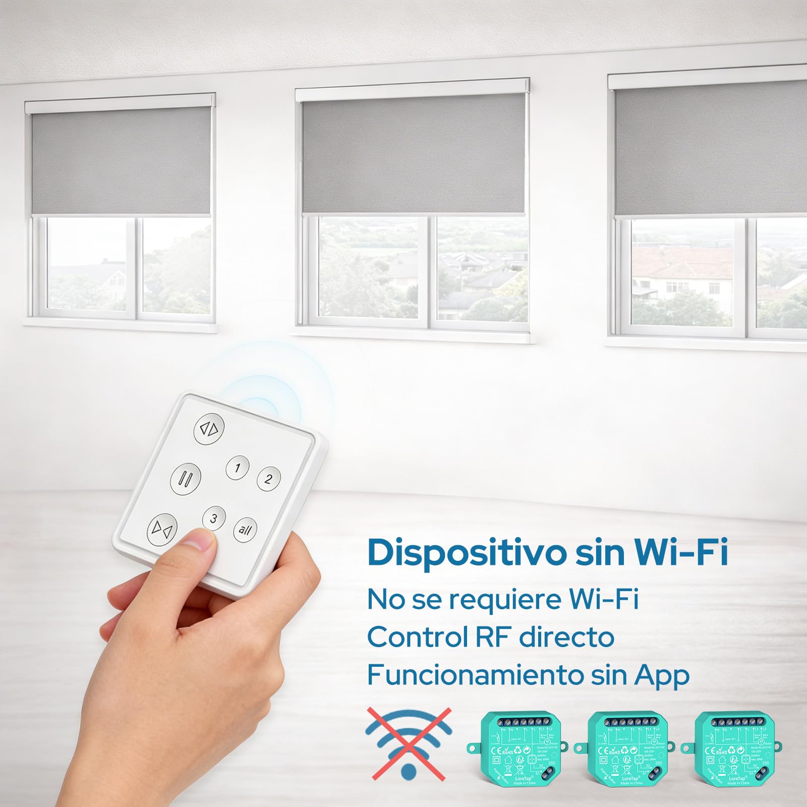 LoraTap Interruptor de Persianas RF de 3 Vías, Mando a Distancia Funciona en Paralelo con Interruptor de Cortina de Pared, 3 Piezas Módulo de Relé Inalámbrico para Persianas 300W