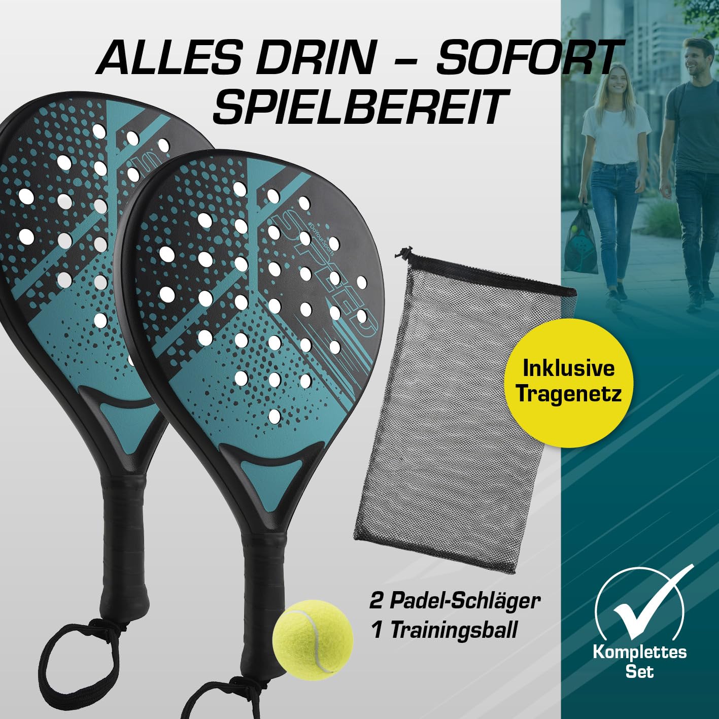 #DoYourSports Padel Schläger Set | Padelschläger & Padel Racket Starterset, 2 leichte Schläger für Padeltennis mit Ball & Netz | Rutschfester Grip ideal für Training & Freizeit