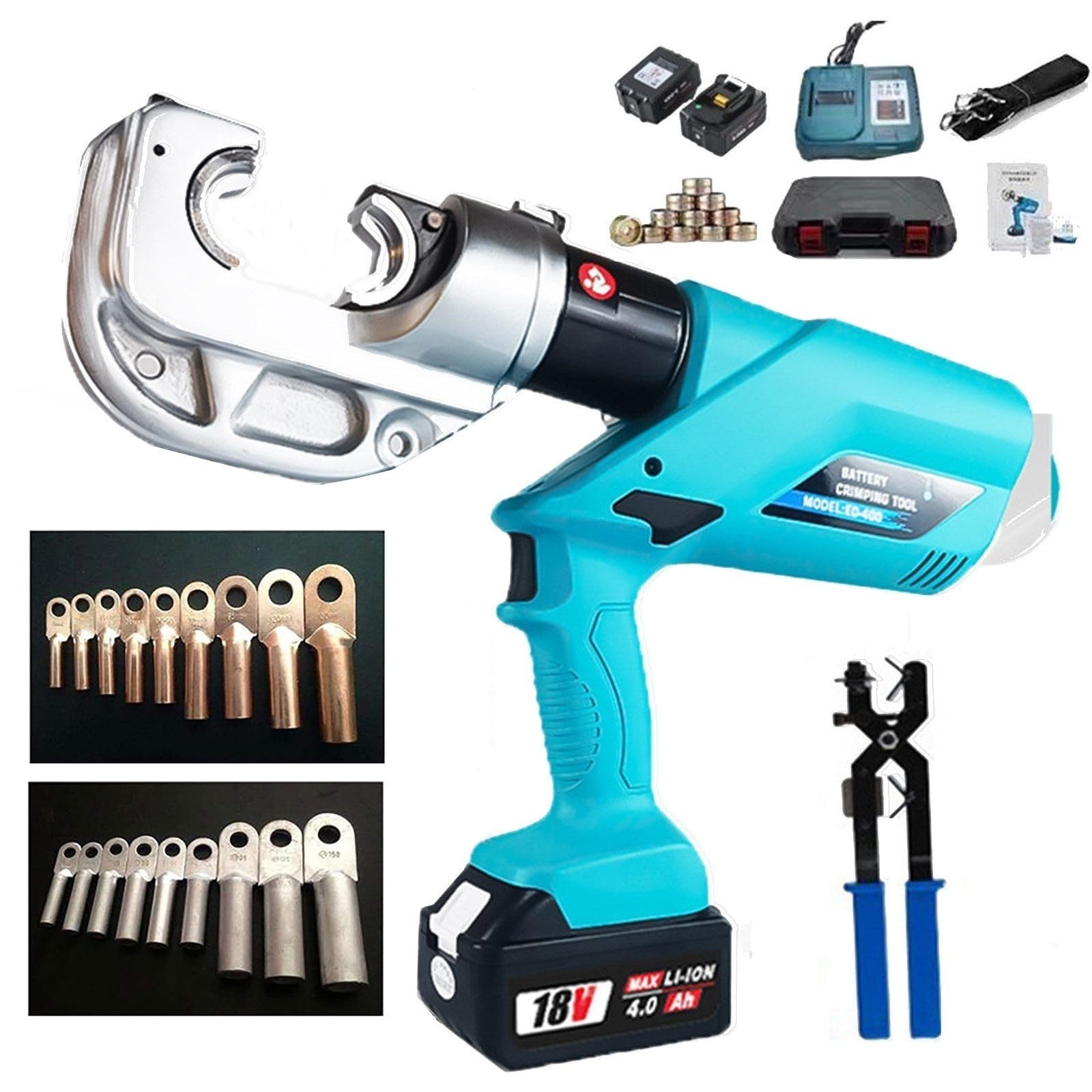18V Electric Hydraulic Crimping Tool - 16 to 400mm² Battery Powered Wire Crimper for Copper Aluminum Terminals - 5 to 8s Fast Crimp - 360 Degree Rotation and LED Light