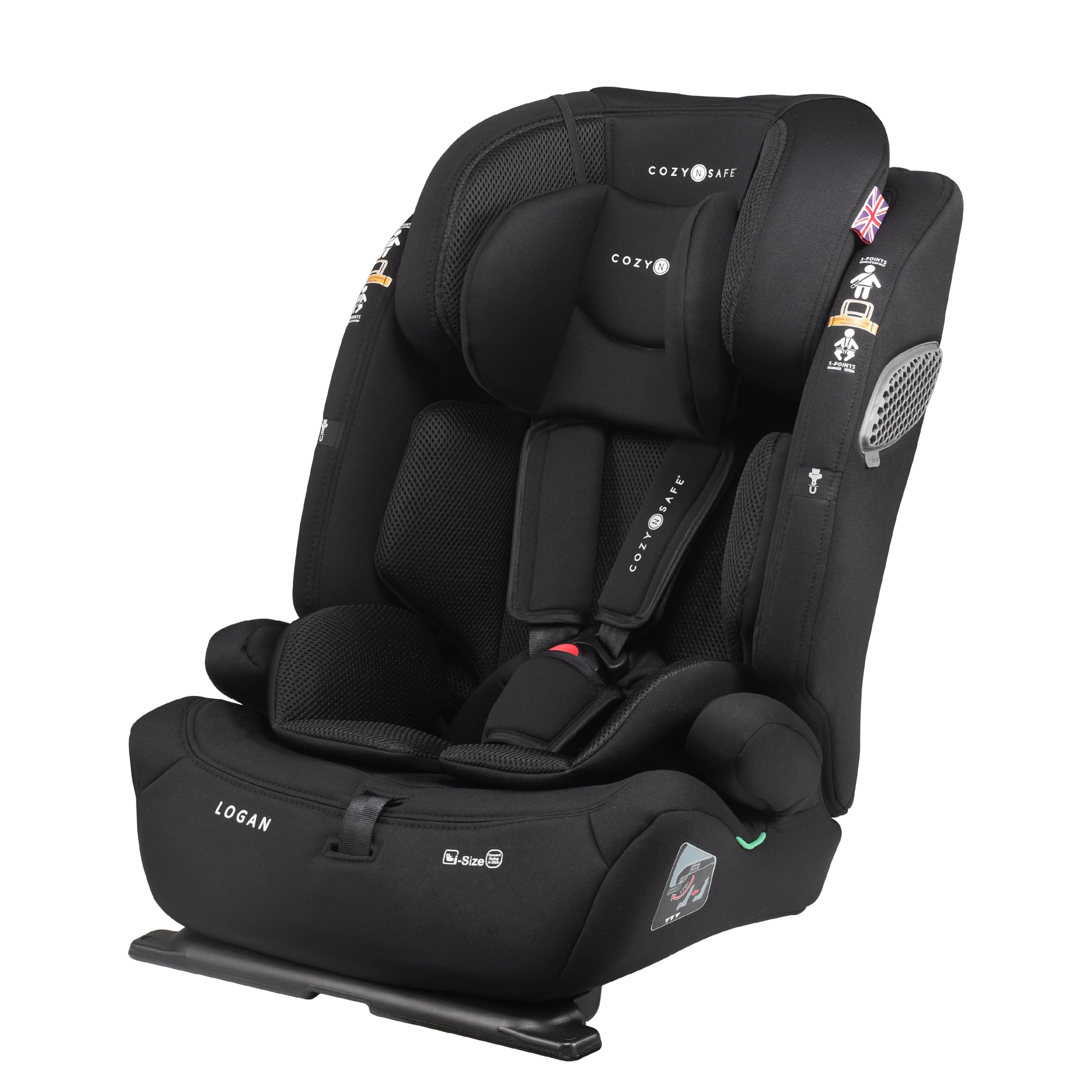Cozy N Safe Logan i-Size Car Seat 76-150cm, 5 Point Harness to 105cm, Forward Facing High Back Booster, Side Impact Protection, Adjustable Headrest, Kids Car Seat 15 Months to 12 Years (Onyx)
