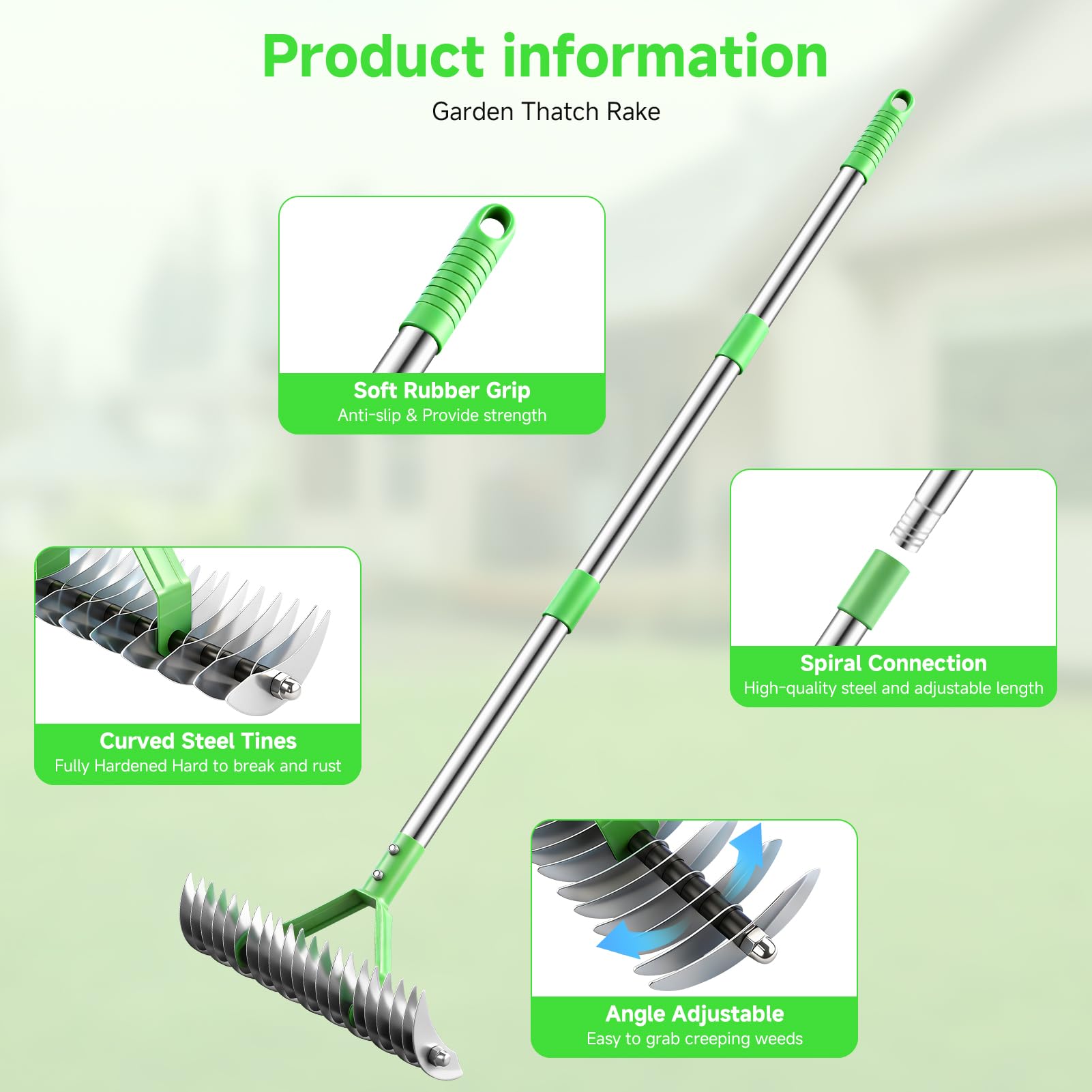 Rastrillo de paja para césped, rastrillos de jardín con mango ajustable de 160 cm con 21 dientes, rastrillo de jardín de 32 cm de ancho, resistente, rastrillos de césped para aflojar el suelo, césped