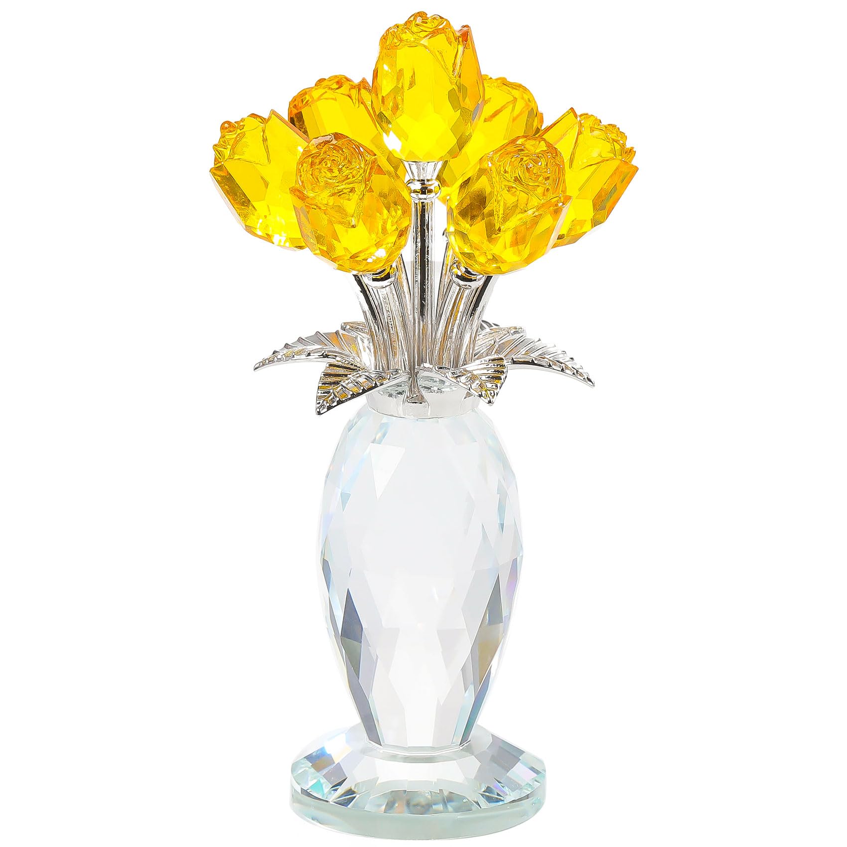 Movdyka Crystal Yellow Rose Flower Figurine with Vase Handmade Romantic Glass Rose for Wife Mom on Birthday Christmas Wedding Home Decorations