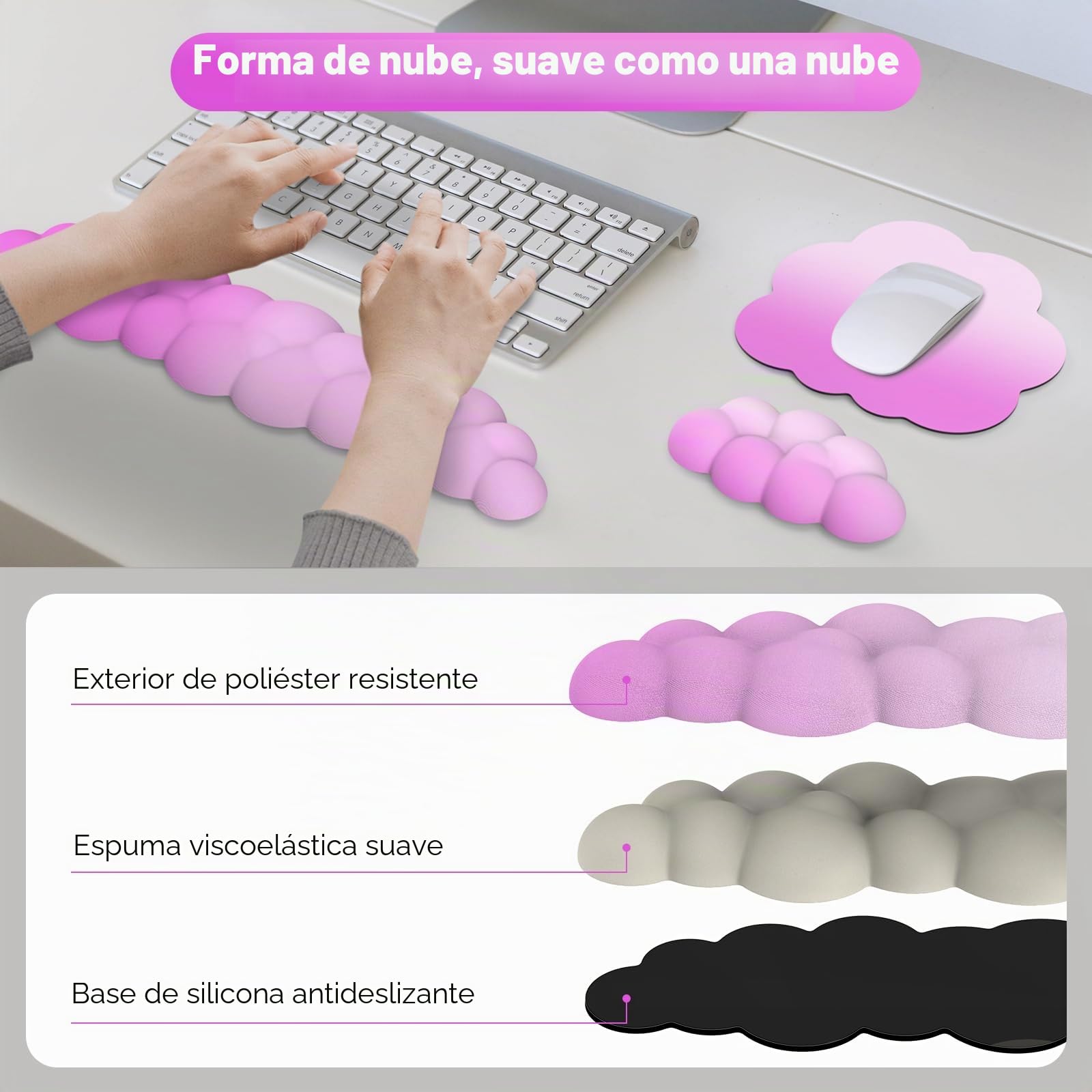 MoKo Reposamuñecas de Nube, Reposa Muñecas Ergonómico Nube para Teclado y Ratón, Reposa Muñecas de Poliéster Duradero para Teclado, Ratón, Oficina, Juegos, Ordenador, Portátil, Rosa