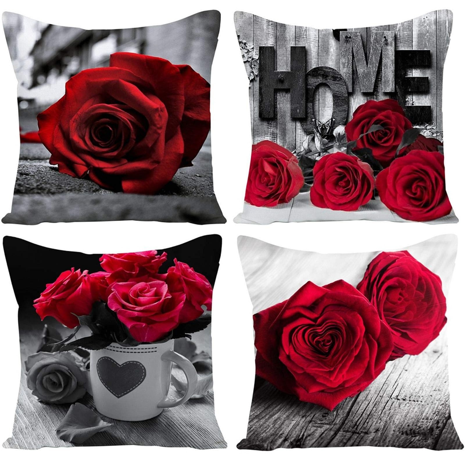 Housse coussin 70x70cm rose rouge lot de 4 en lin double face pour canapé salon et déco