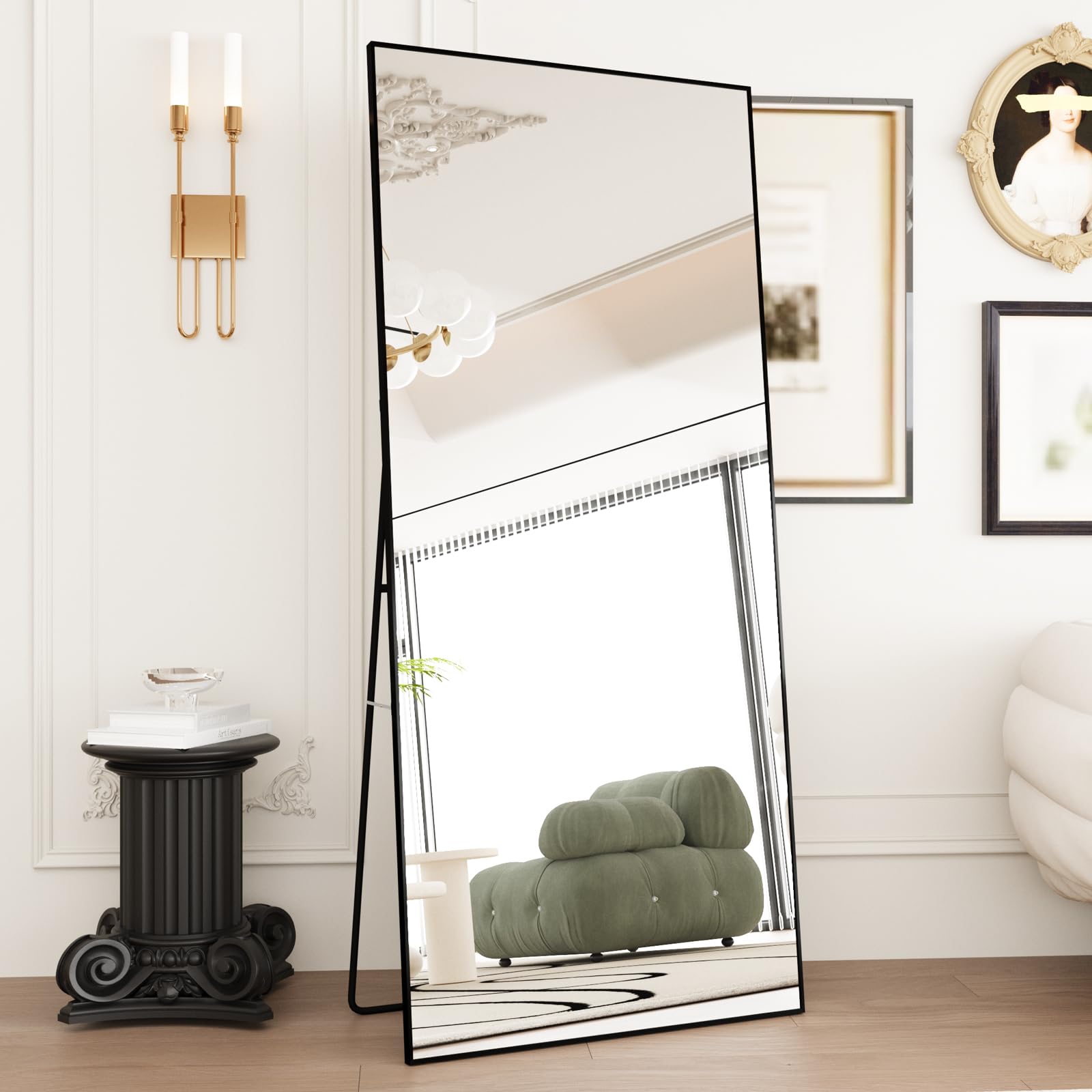 FLYMUHJIA Specchio da parete a figura intera, specchio da terra con cornice sottile in lega di alluminio, per camera da letto e soggiorno (nero, 180 x 80 cm)