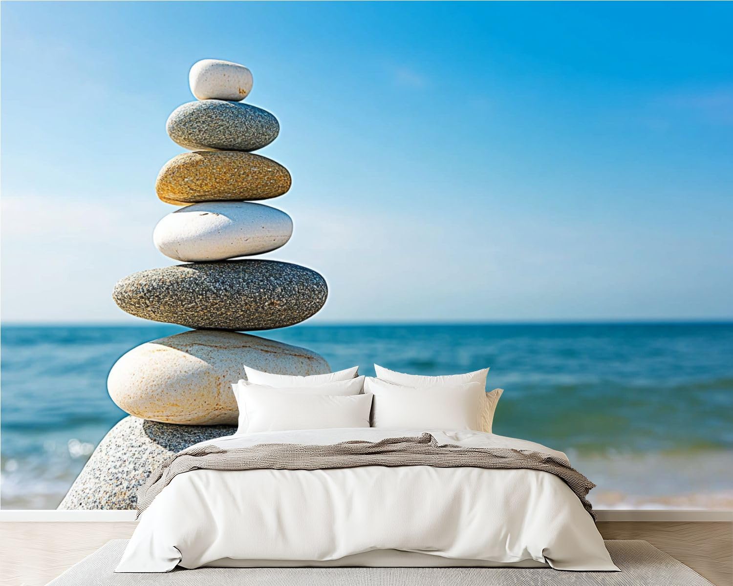 Removable Peel and Stick Wallpaper Rock Zen Summer sea Self Adhesive Canvas Wall Murals for Kids Bedroom Living Room TV Background 100''x144''
