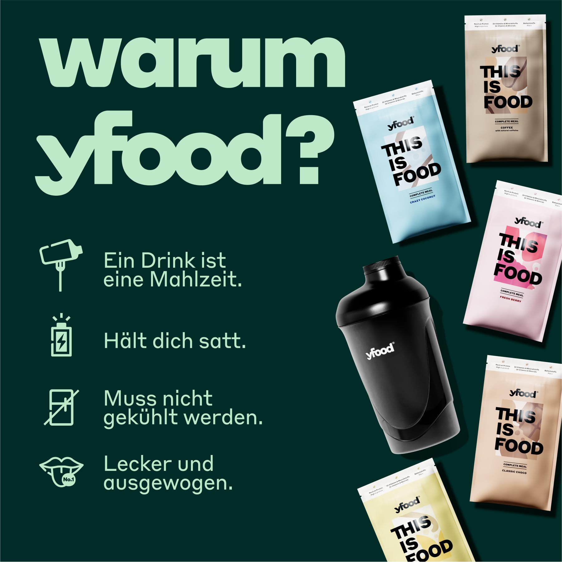 yfood Trinkmahlzeit Pulver Probierpaket zuckerarm, laktosefrei & glutenfrei (10 Mahlzeiten, 5 Sorten) - Vollwertige & gesunde Mahlzeit to go mit 25g Protein, 26 Vitamine & Mineralstoffe