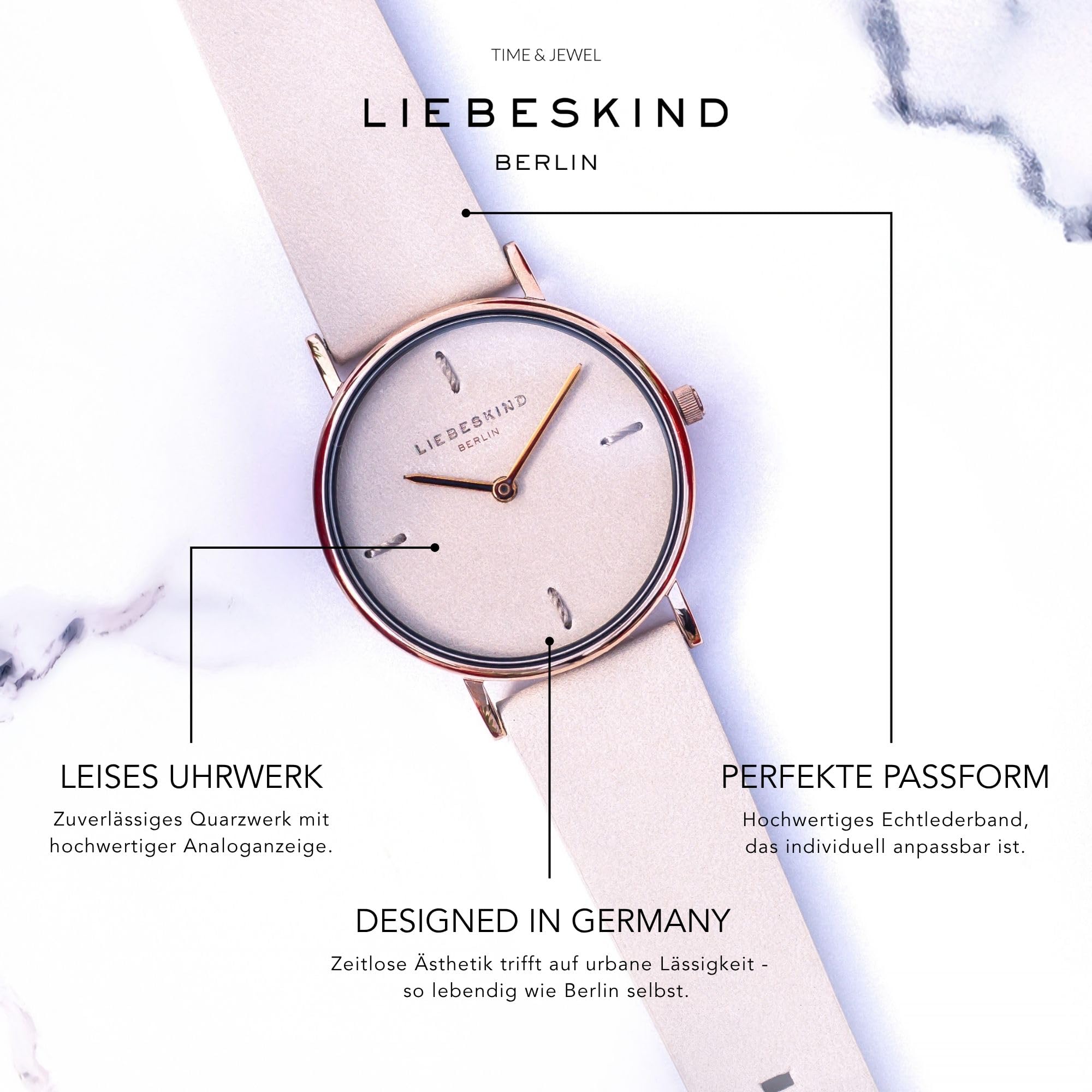 Liebeskind Berlin Damen Armbanduhr mit Lederzifferblatt – Rundes Gehäuse 34 mm – Lederarmband – 5 ATM wasserdicht