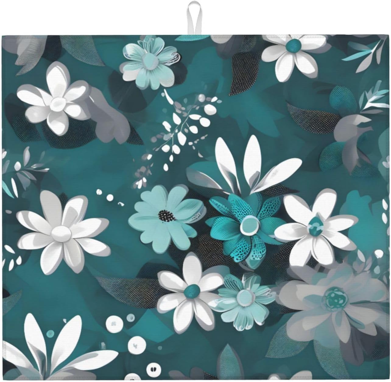 Teal Grey and White Floral Kitchen Countertop Absorbent Mat Non Slip Double Sided Design for Appliance Protection Decoration