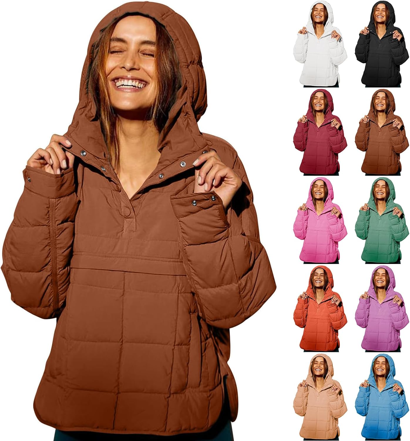 Mmoneyake Women's Quilted Pullover Puffer Jacket Oversized Long Sleeve Hooded Coats Lightweight Winter Warm Pullover Outwear