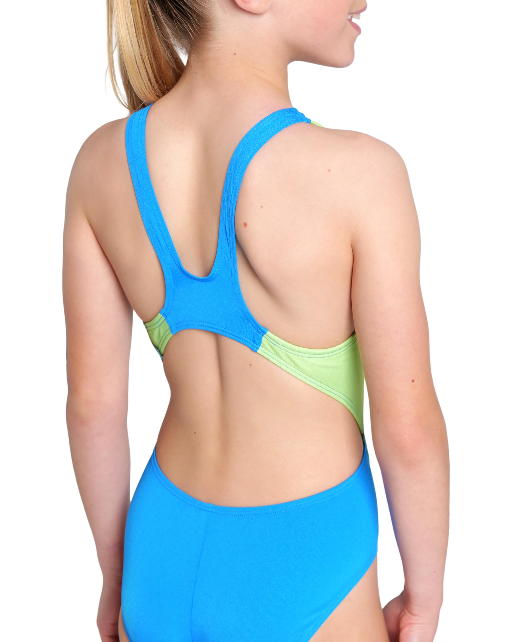 ARENA Girls Performance Star Shaped Swim Tech Back One Piece Swimsuit Maillot de Bain, Blue River/Soft Green Multi, 26 Fille