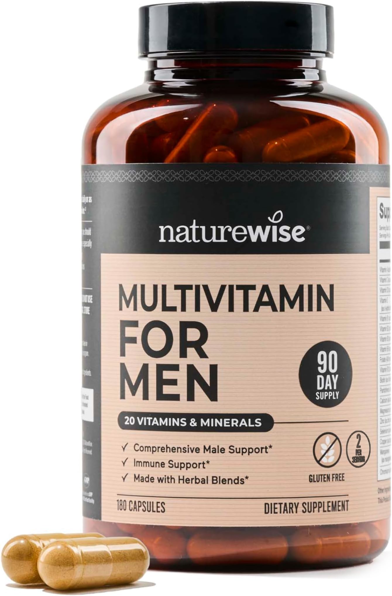 Multivitamin for Men - Daily Male Support - Minerals & Herbs for Energy, Performance, Immunity - with Vitamin A, C, D, B-Complex - Soy & Gluten-Free, Non-GMO - 180 Capsules[3-Month Supply]