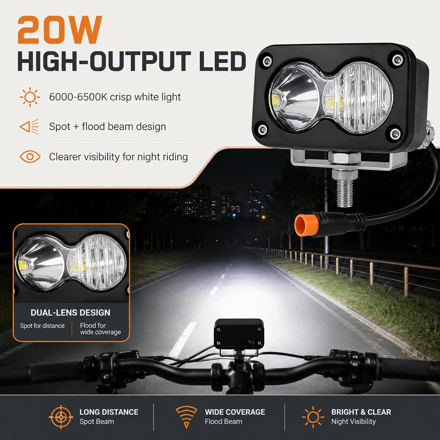 Baja Light for Ridstar Q20,Electric Bike Headlight 20W 6000-6500K Compatible with Ridstar Q20/Q20 Lite/Q20 Pro,3-Pin Plug & Play Baja Light for Ebike,Motorcycle & ATV.