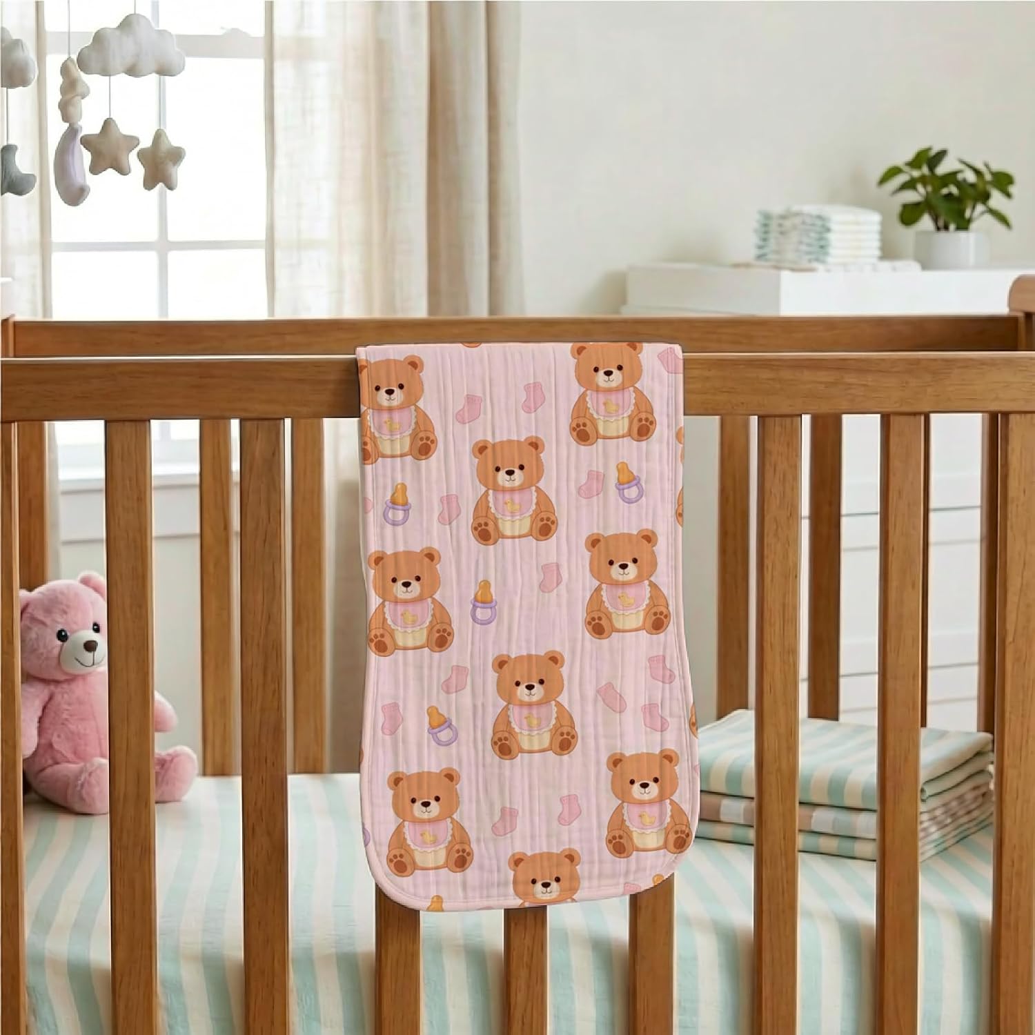 5 Pack Baby Burp Cloths for Boys Girls Pink Bear Burping Cloths for Babies Muslin Burp Cloth Pink Bear and Heart Baby Burping Cloth for Newborns Baby Gift Set Machine Washable and Reusable