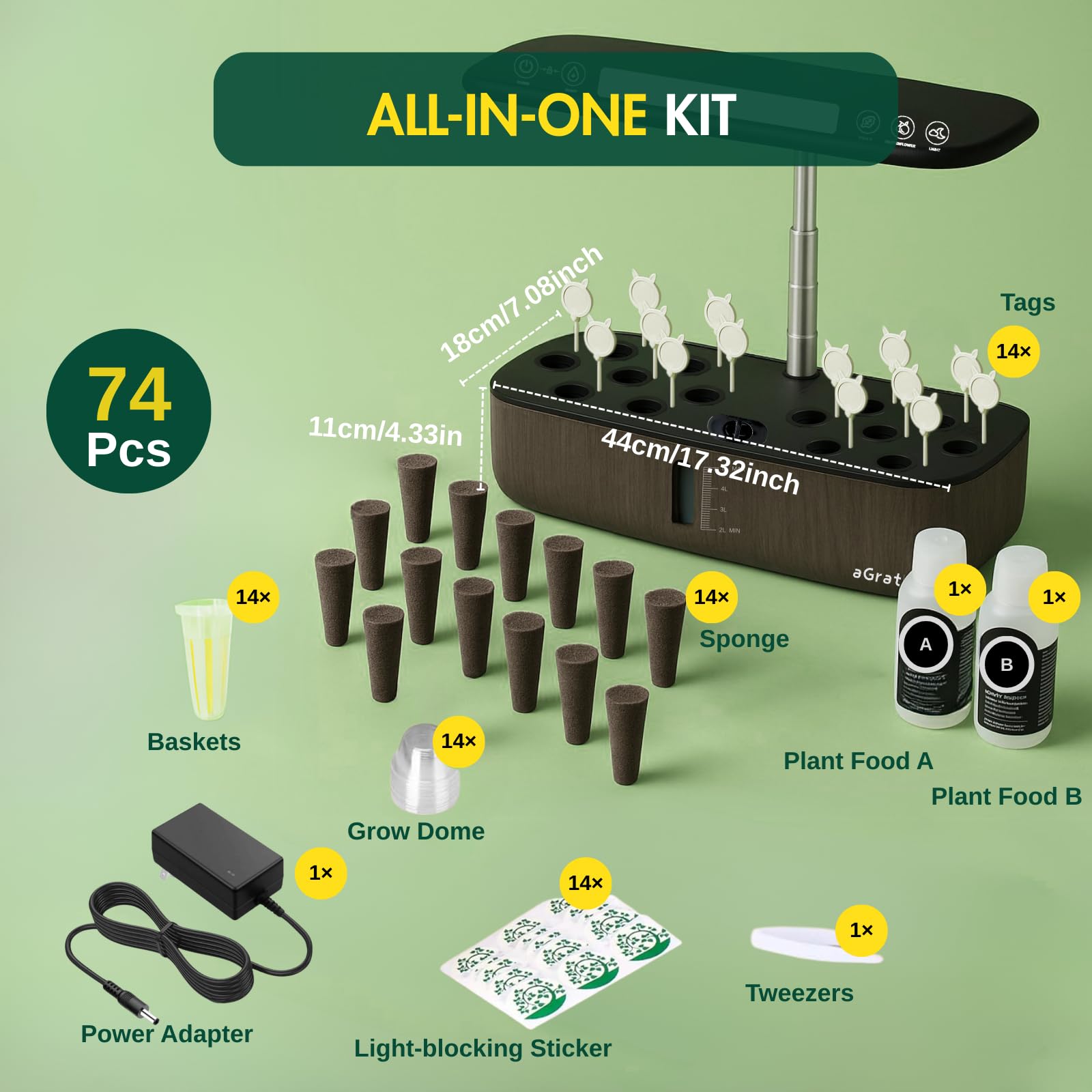 Kit de sistema de cultivo hidropónico, jardín de hierbas para interiores, pantalla LCD mejorada, 14 cápsulas, luz LED de crecimiento silenciosa, bomba de agua inteligente, temporizador