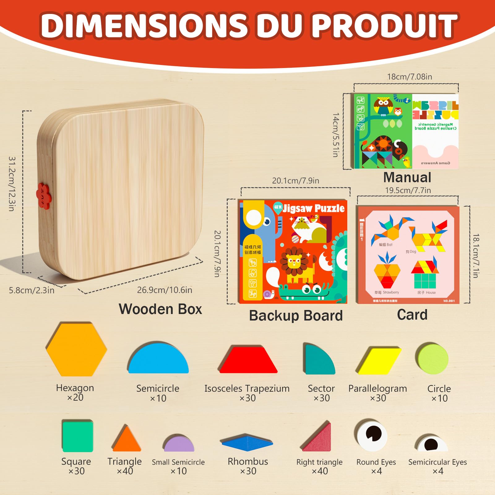 Jeu de Blocs magnétiques en Bois avec Cartes, 288 pièces, Puzzle Tangram Montessori, Jouet d'apprentissage pour Les Enfants de 3 à 5 Ans, Cadeau éducatif STEM pour garçons et Filles de 3 à 5.