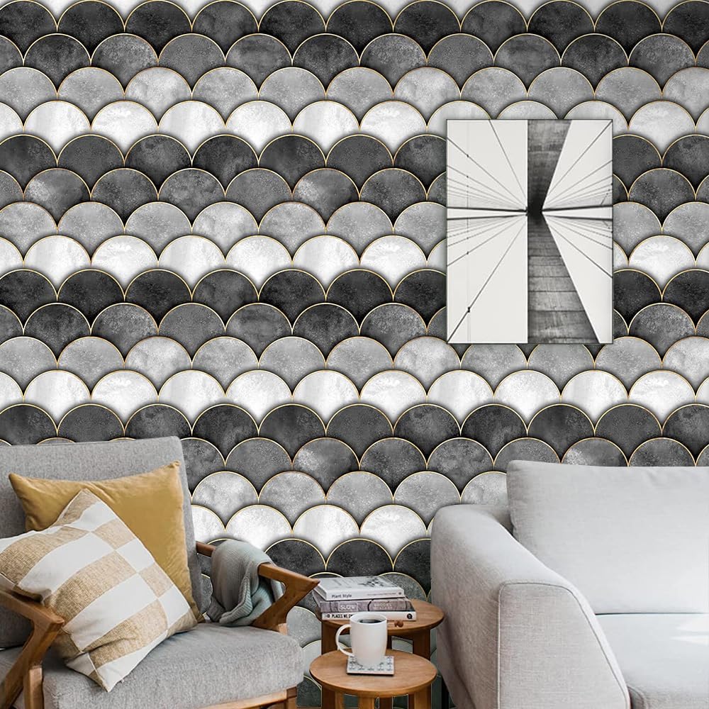 17.7"x236" 3D Fish Scales Wallpaper Grey Mermaid Scales Wallpaper Self Adhesive Watercolor Sea Waves Scales Scallop Contact Paper Wall Paper Murals for Bedroom Living Room TV Sofa Background Home