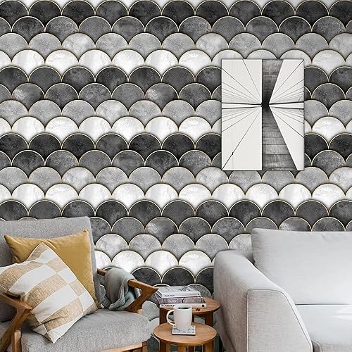 Papel tapiz de escamas de pez 3D de 17.7 x 236 pulgadas, papel tapiz de escamas de sirena gris, autoadhesivo, acuarela, olas de mar, escamas de