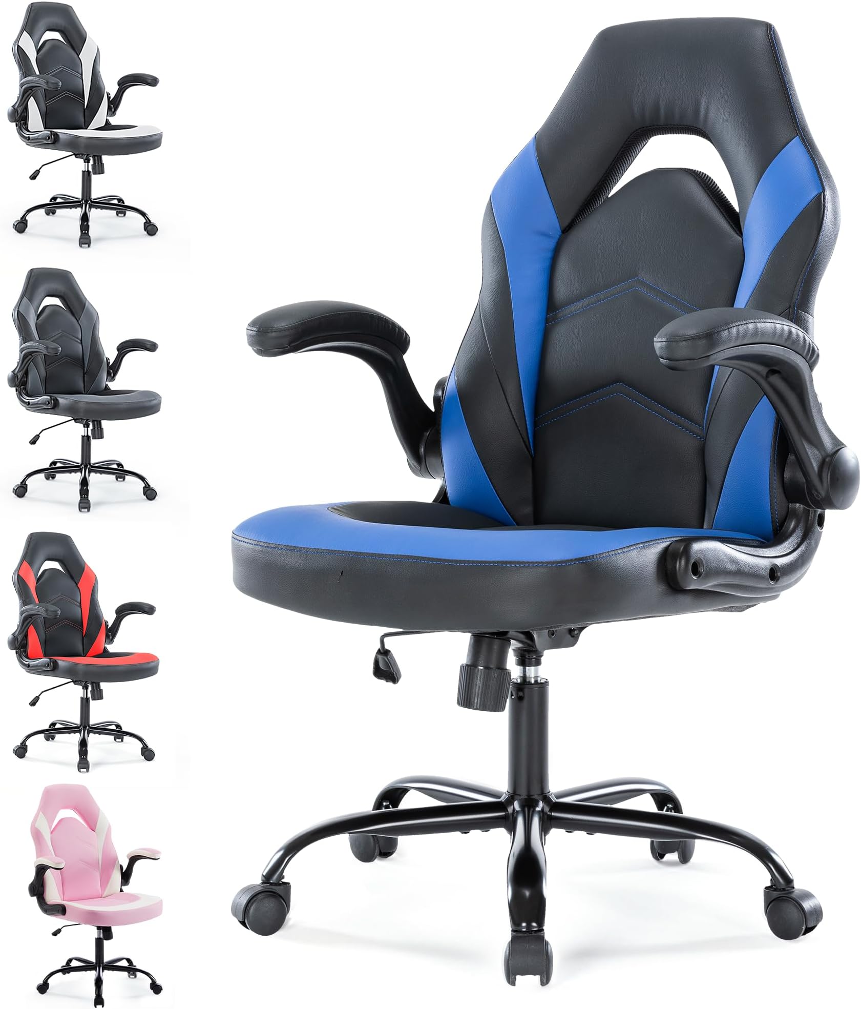 Ergonomic Gaming Chair with Adjustable PU Leather Seat, Flip-Up Armrests, and Swivel Design, Perfect for Home Office, Gaming, or Entertainment – Ideal for Adults, Kids, and Gamers, Black/Blue