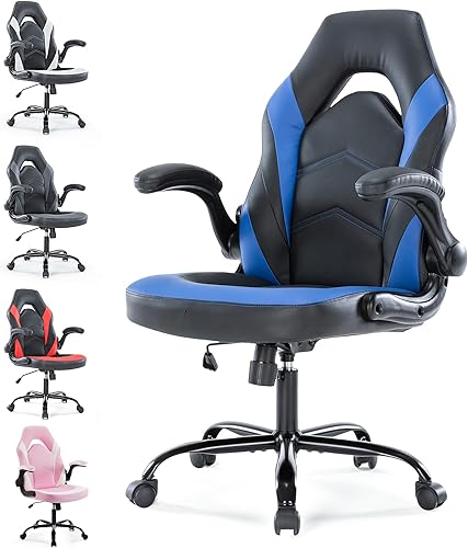 Silla ergonómica de escritorio para juegos, silla giratoria ajustable de piel sintética con reposabrazos abatibles para oficina en casa y