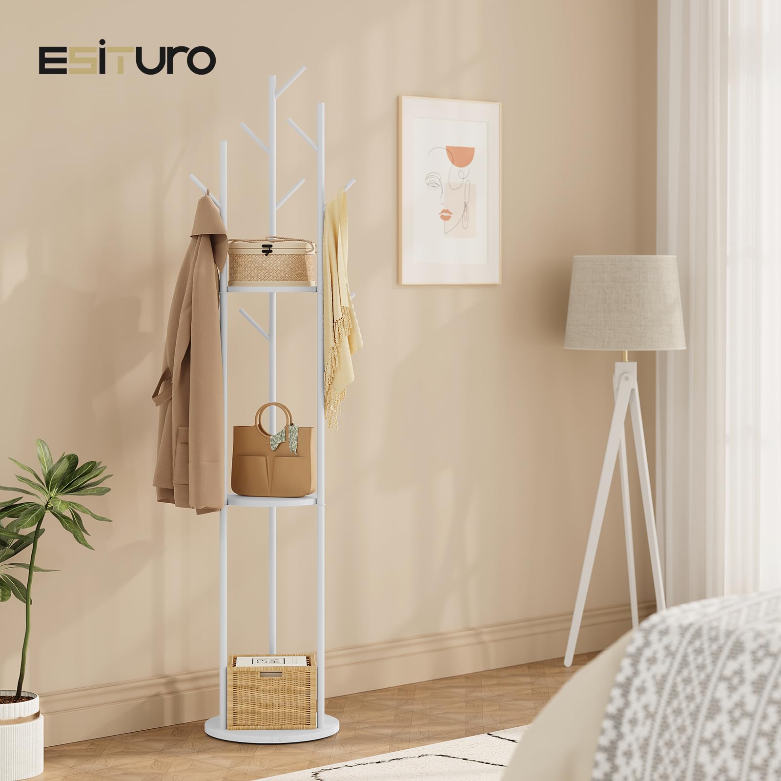 eSituro Appendiabiti, Porta Abiti da Terra a Forma di Albero, con 9 Ganci e 3 Ripiani, Appendiabiti in Metallo con Base in Marmo per Corridoio/Camera da Letto/Ufficio, Bianco