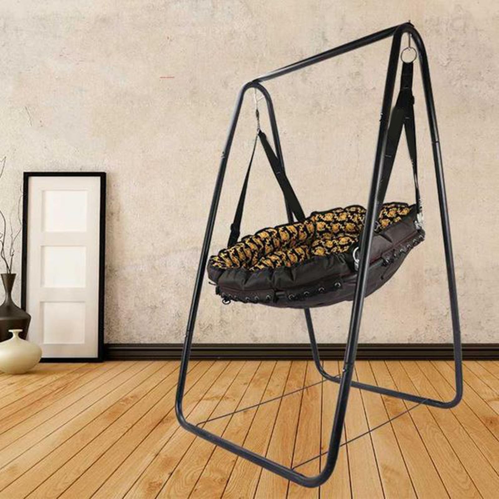Stojak na krzesło hamakowe, wiszące siedzisko bujane, metalowy stelaż podporowy, wytrzymała podstawa w kształcie litery A, udźwig 100 kg, 85 x 80 144 cm, czarny, pasuje do tarasu ogrodowego, odporny