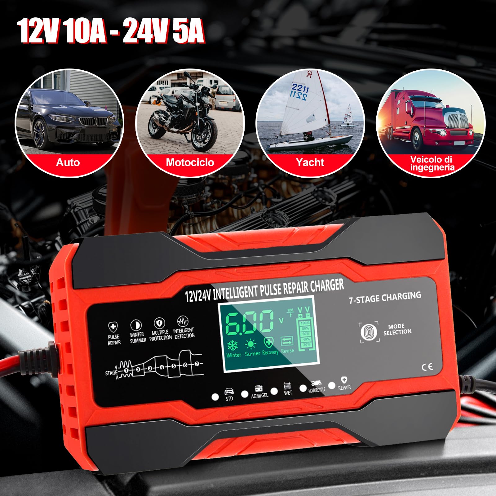 YDBAO 10A Caricabatteria Auto di Carica 12V/24V Caricabatterie Auto 5 modalità Caricabatteria Auto di Carica Mantenitore di Carica Auto Moto con Schermo LCD Touch Multi Protezioni per Auto Moto AGM