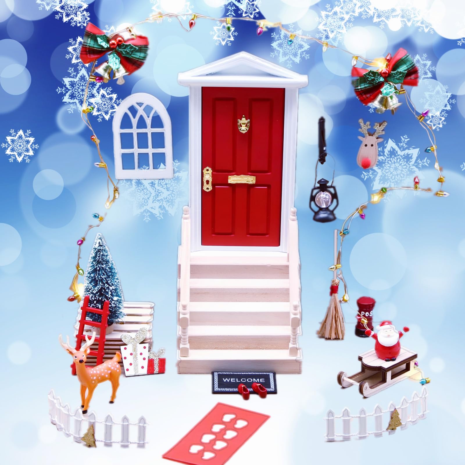 Super Idee porte de lutin - kit de Noël miniature avec accessoires bottes, lanterne, arbre de Noël, échelle en bois, balai, canne en sucre d'orge, décoration de Noël Super Idee porte de lutin - kit de Noël miniature avec accessoires bottes, lanterne, arbre de Noël, échelle en bois, balai, canne en sucre d'orge, décoration de Noël