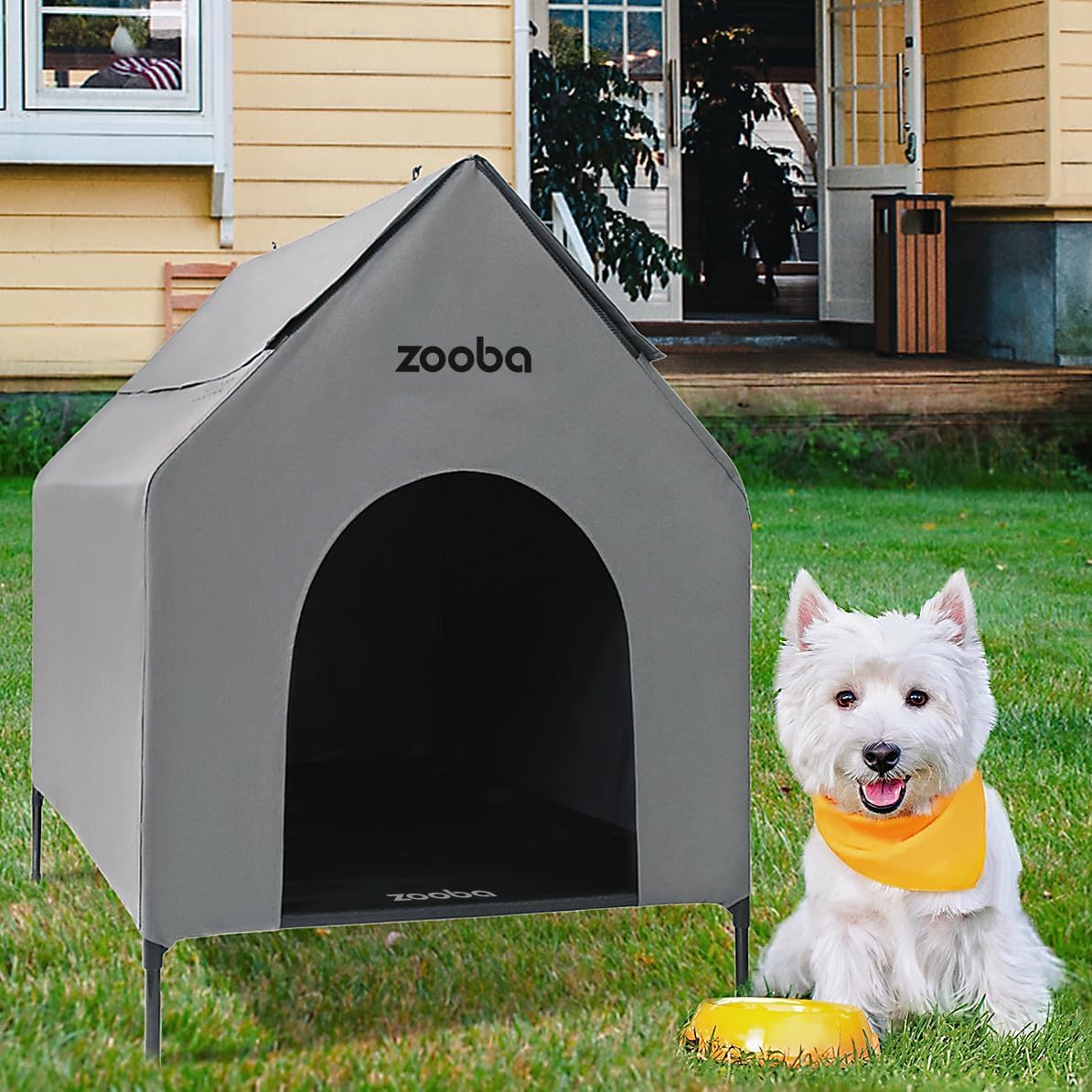 Zooba 29" 2-in-1 Dog House for Medium Dogs, Elevted Dog House Outdoor/Indoor, Weatherproof Elevated Pet Shelter, Breathable Mesh & Steel Frame, Easy to Assemble & Clean(Grey)