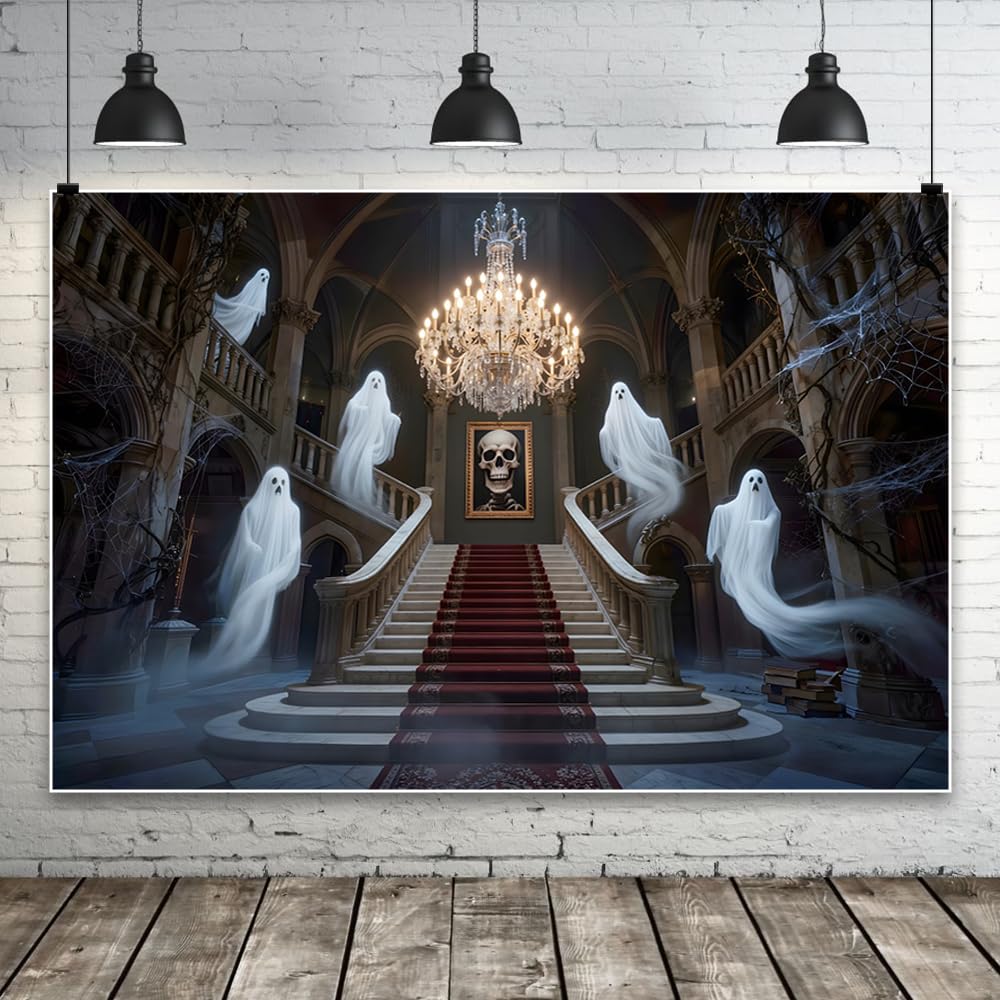 3 x 2,4 m sfondo fotografico di Halloween – spettrale castello stregato fantasma teschio lampadario sfondo fotografia palazzo medievale scala Halloween horror festa compleanno banner photo