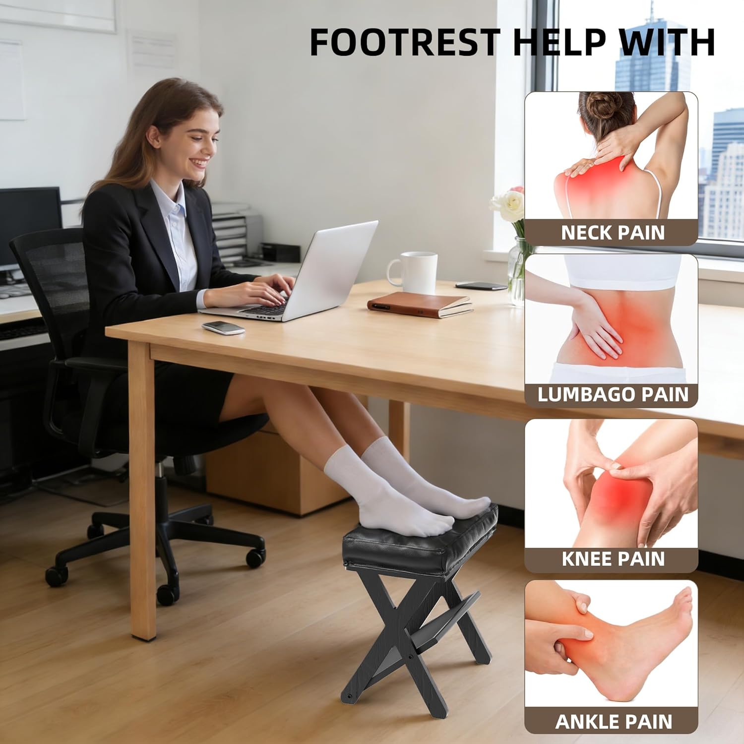 Double Step Foot Rest Under Desk, Wooden Desk Foot Rest with Non-Slip EVA Stepping Surface, Ergonomic Under Desk Foot Stool, Enhances Posture, Office Home Work-Black